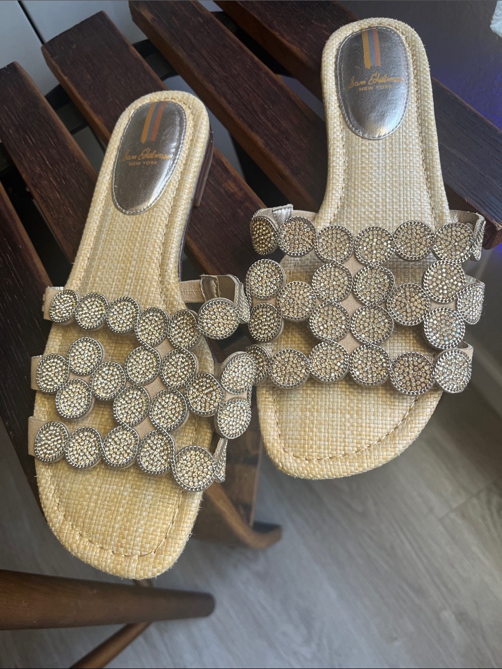 Sam Edelman Beige and Silver Jeweled Slide Sandals